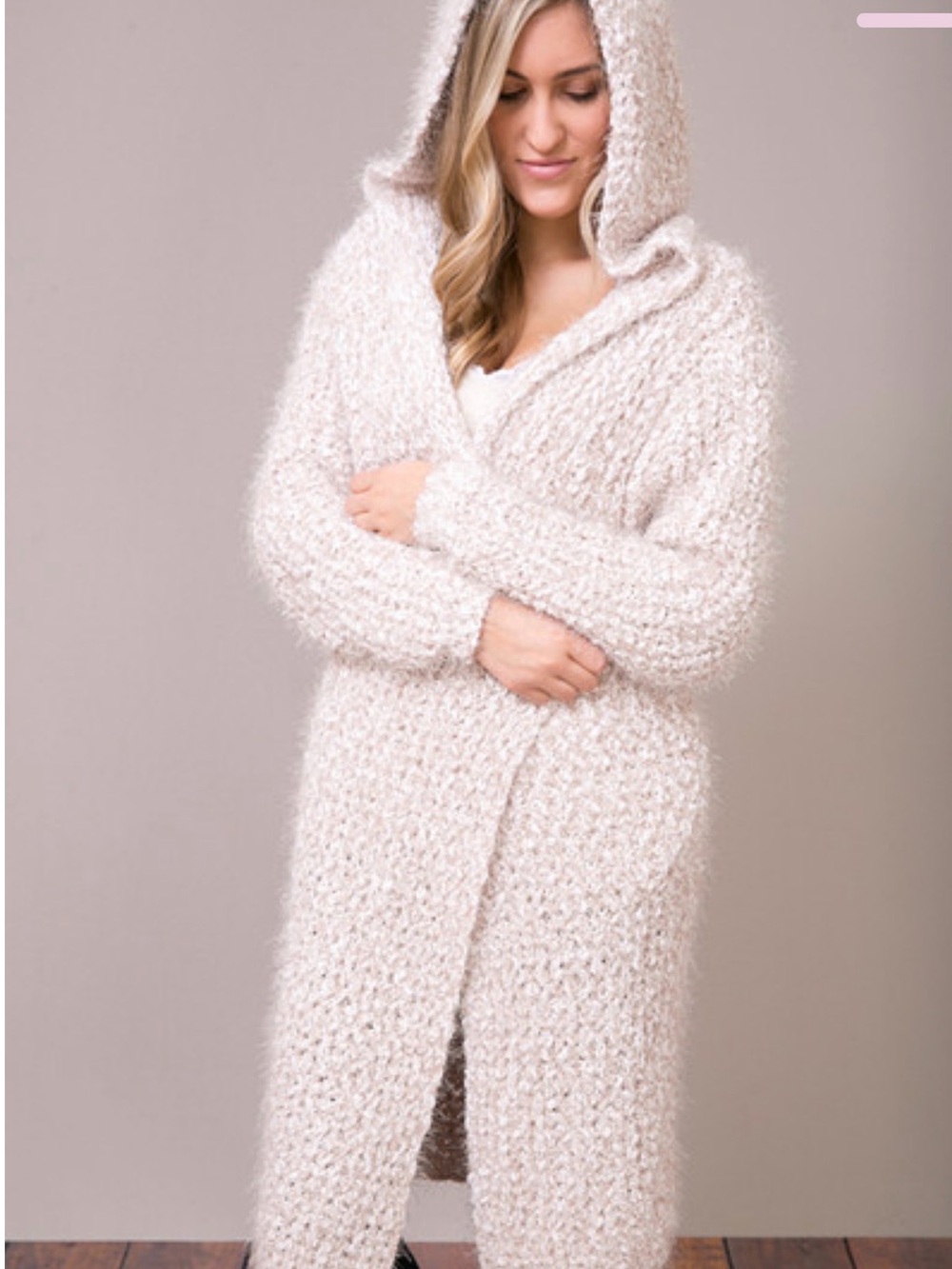 POL Clothing Carla Eyelash Knit Hooded Duster Cardigan Sweater Cozy Cream Beige